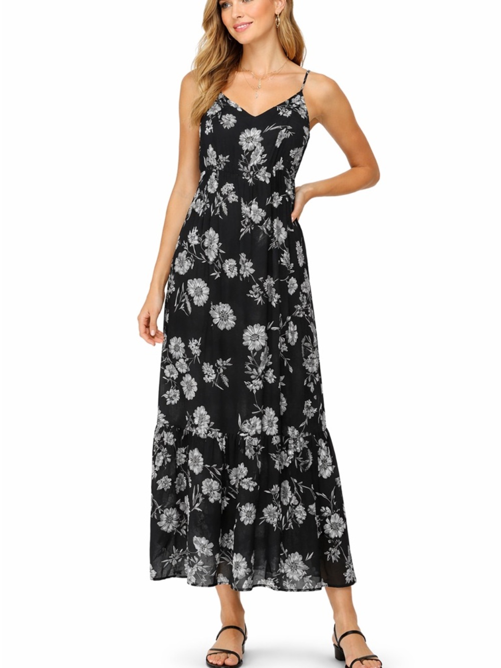 J. Crew Floral Spaghetti‑Strap Maxi Dress Black White Size 10